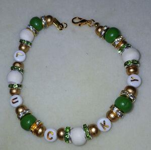 NWT Wood Beaded Handcrafted St. Patrick's Day Gold/Green Bracelet / ER Set.